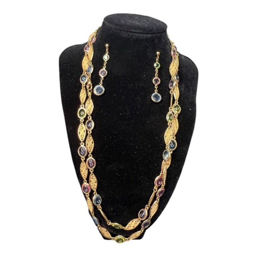 Gold Tone Station Necklace Earrings Set – Multi-Color Glass 48" Long